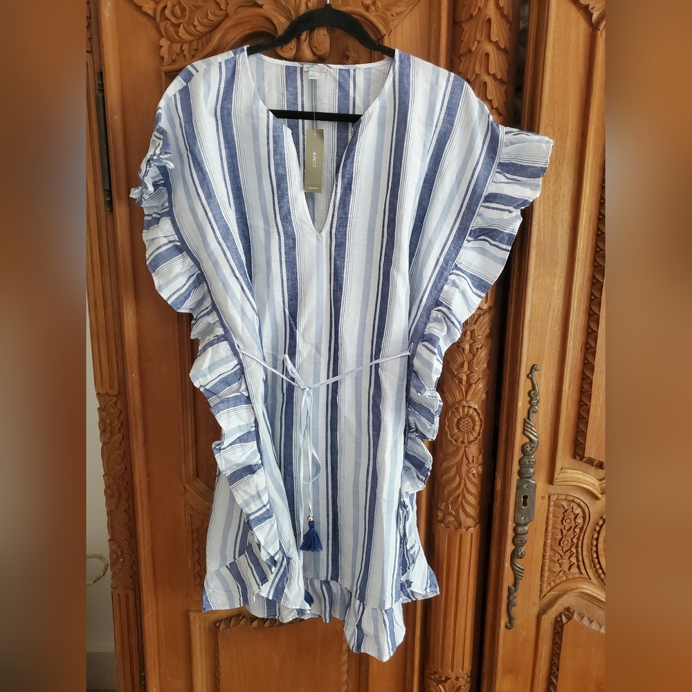 J. Crew Side ruffle tunic in stripe belted beach cover up swim Linen blend XS